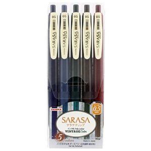 zebra sarasa clip gel ink ballpoint pen 0.5mm, rubber grip, vintage colors, 5 colors set (jj15-5c-vi)