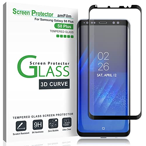 amFilm Glass Screen Protector for Samsung Galaxy S8 Plus, 3D Curved Tempered Glass, Dot Matrix with Easy Installation Tray, Case Friendly (Black)