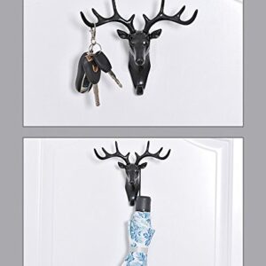 Mural Art Vintage Deer Head Antlers Wall Hook for Hanging Clothes Hat Scarf Key Deer Horns Hanger Rack Wall Decoration (Black)
