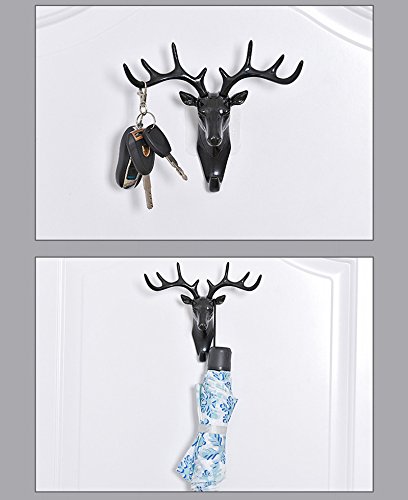 Mural Art Vintage Deer Head Antlers Wall Hook for Hanging Clothes Hat Scarf Key Deer Horns Hanger Rack Wall Decoration (Black)