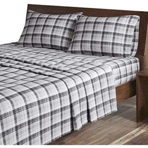 woolrich flannel 100% cotton sheet set warm soft bed sheets with 14" elastic pocket, cabin lifestyle, cold season cozy bedding set, matching pillow case, queen, grey plaid, 4 piece