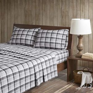 Woolrich Flannel 100% Cotton Sheet Set Warm Soft Bed Sheets with 14" Elastic Pocket, Cabin Lifestyle, Cold Season Cozy Bedding Set, Matching Pillow Case, Queen, Grey Plaid, 4 Piece