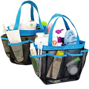 yucool 2 pack portable mesh shower caddy with 8 storage pockets, hanging tote toiletry bath organizer bag with 2 type hooks for dorm gym camp travel - blue