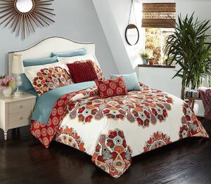 chic home cs5045-an 10 piece aberdeen large scale paisley bohemian reversible printed with embroidered details. queen bed in a bag comforter set red