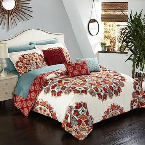 Chic Home CS5045-AN 10 Piece Aberdeen Large Scale Paisley Bohemian Reversible Printed with Embroidered Details. Queen Bed in a Bag Comforter Set Red