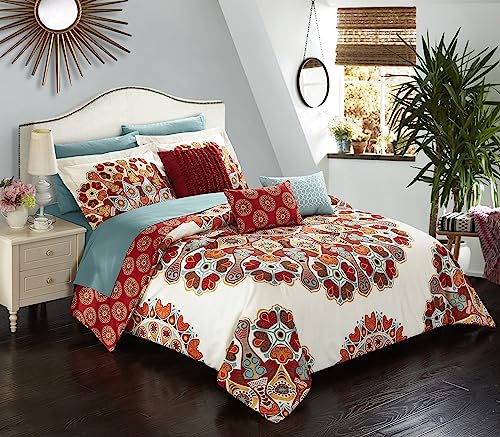 Chic Home CS5045-AN 10 Piece Aberdeen Large Scale Paisley Bohemian Reversible Printed with Embroidered Details. Queen Bed in a Bag Comforter Set Red