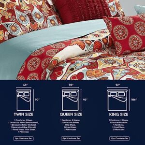 Chic Home CS5045-AN 10 Piece Aberdeen Large Scale Paisley Bohemian Reversible Printed with Embroidered Details. Queen Bed in a Bag Comforter Set Red