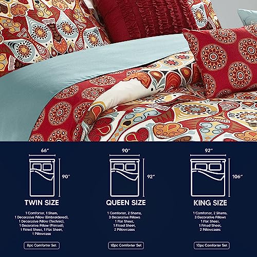 Chic Home CS5045-AN 10 Piece Aberdeen Large Scale Paisley Bohemian Reversible Printed with Embroidered Details. Queen Bed in a Bag Comforter Set Red