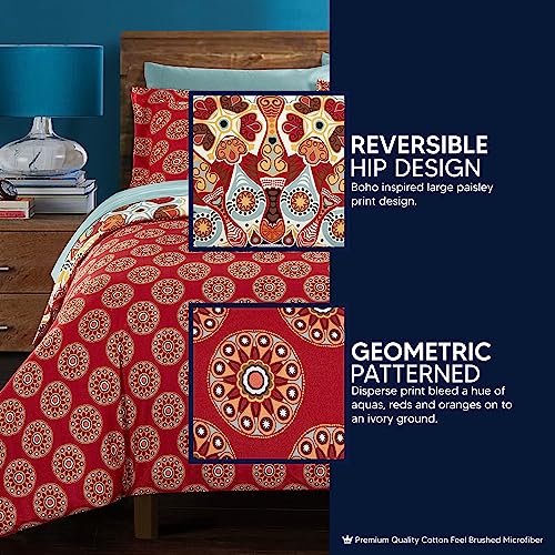 Chic Home CS5045-AN 10 Piece Aberdeen Large Scale Paisley Bohemian Reversible Printed with Embroidered Details. Queen Bed in a Bag Comforter Set Red