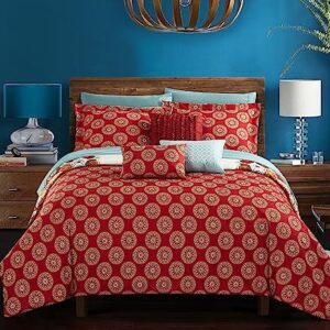 Chic Home CS5045-AN 10 Piece Aberdeen Large Scale Paisley Bohemian Reversible Printed with Embroidered Details. Queen Bed in a Bag Comforter Set Red