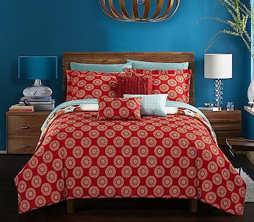 Chic Home CS5045-AN 10 Piece Aberdeen Large Scale Paisley Bohemian Reversible Printed with Embroidered Details. Queen Bed in a Bag Comforter Set Red