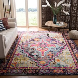 safavieh monaco collection area rug - 8' x 10', grey & fuchsia, boho chic medallion distressed design, non-shedding & easy care, ideal for high traffic areas in living room, bedroom (mnc247r)