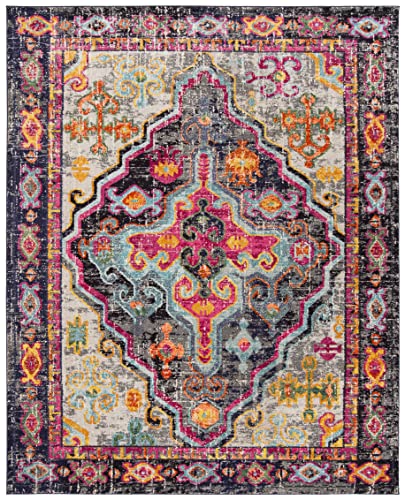 SAFAVIEH Monaco Collection Area Rug - 8' x 10', Grey & Fuchsia, Boho Chic Medallion Distressed Design, Non-Shedding & Easy Care, Ideal for High Traffic Areas in Living Room, Bedroom (MNC247R)