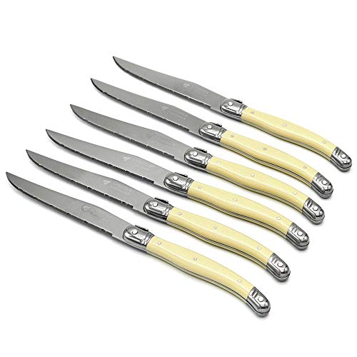 KeepingcooX® Laguiole Steak Knife with Ivory Handle, Serrated Blade, Stainless Steel Dinnerware/Tableware/Flatware/Cutlery Set of 6, Gift Box, Reputable Global Manufacturer with Certificate (GMC)