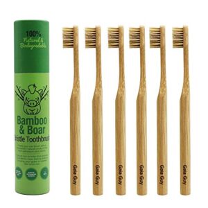 gaia guy natural bristle bamboo toothbrush (no nylon - boar hair only) - totally compostable & biodegradable boar bristle and bamboo toothbrushes - zero waste - 6-pack