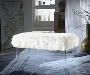 iconic home trento modern contemporary faux fur acrylic leg bench, white