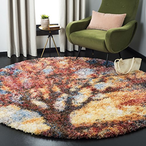 SAFAVIEH Gypsy Shag Collection 6'7" Round Rust / Blue GYP522C Abstract Non-Shedding Living Room Bedroom Dining Room Entryway Plush 2-inch Thick Area Rug