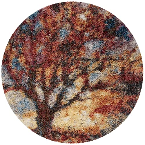 SAFAVIEH Gypsy Shag Collection 6'7" Round Rust / Blue GYP522C Abstract Non-Shedding Living Room Bedroom Dining Room Entryway Plush 2-inch Thick Area Rug