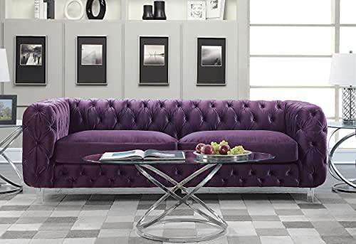 Iconic Home Modern Contemporary Tufted Velvet Down-Mix Cushons Acrylic Leg Sofa, Purple