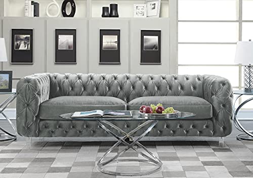 Iconic Home Modern Contemporary Tufted Velvet Down-Mix Cushons Acrylic Leg Sofa, Grey