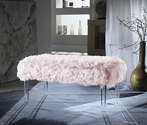 Iconic Home Trento Modern Contemporary Faux Fur Acrylic Leg Bench, Pink