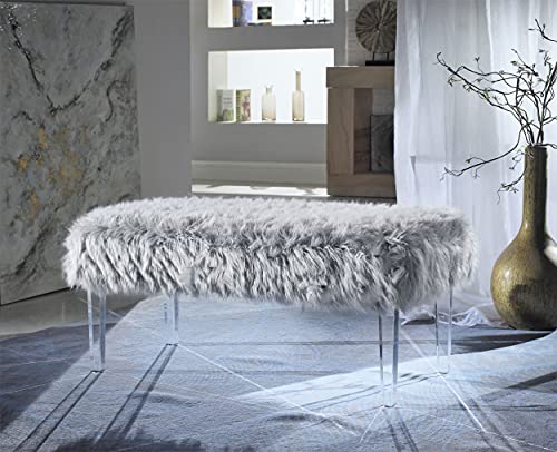 Iconic Home Trento Modern Contemporary Faux Fur Acrylic Leg Bench, Grey