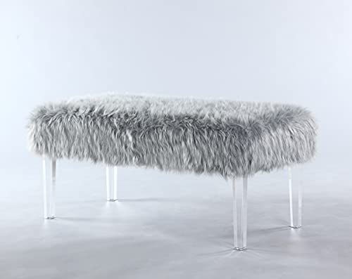 Iconic Home Trento Modern Contemporary Faux Fur Acrylic Leg Bench, Grey