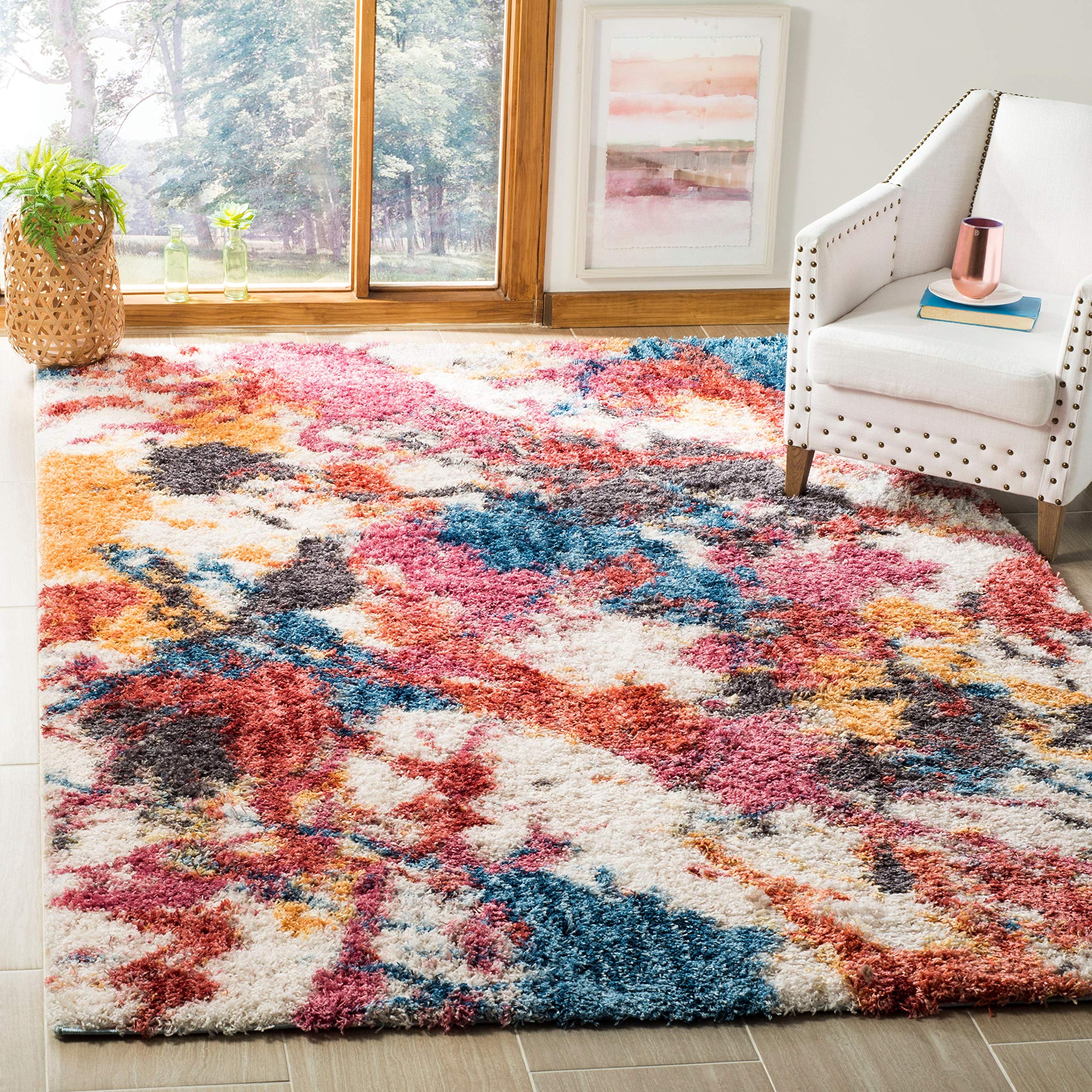 SAFAVIEH Gypsy Shag Collection 6' x 9' Ivory/Blue GYP521B Abstract Non-Shedding Living Room Bedroom Dining Room Entryway Plush 2-inch Thick Area Rug