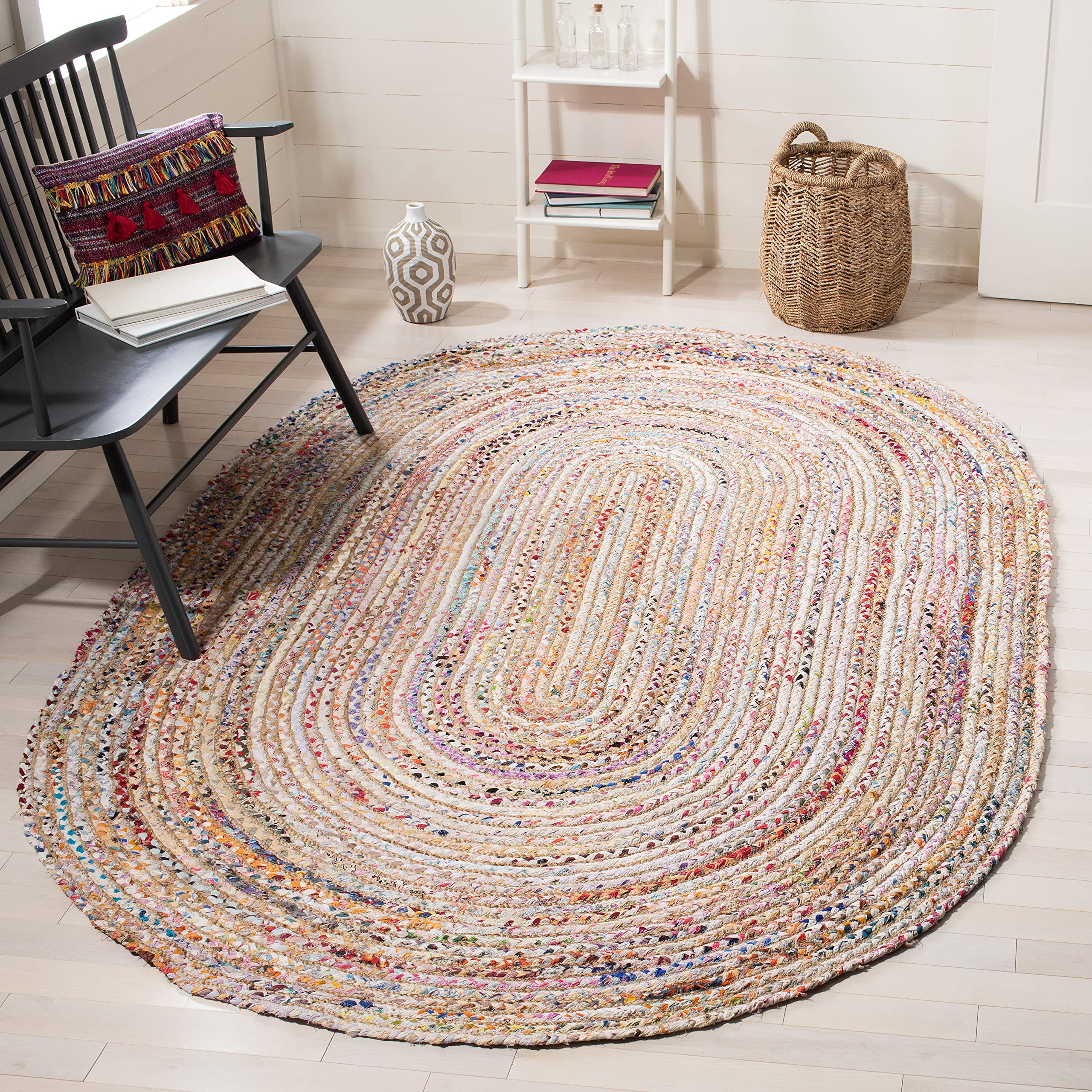 SAFAVIEH Cape Cod Collection Area Rug - 3' x 5' Oval, Beige & Multi, Handmade Boho Braided Jute & Cotton, Ideal for High Traffic Areas in Living Room, Bedroom (CAP202B)