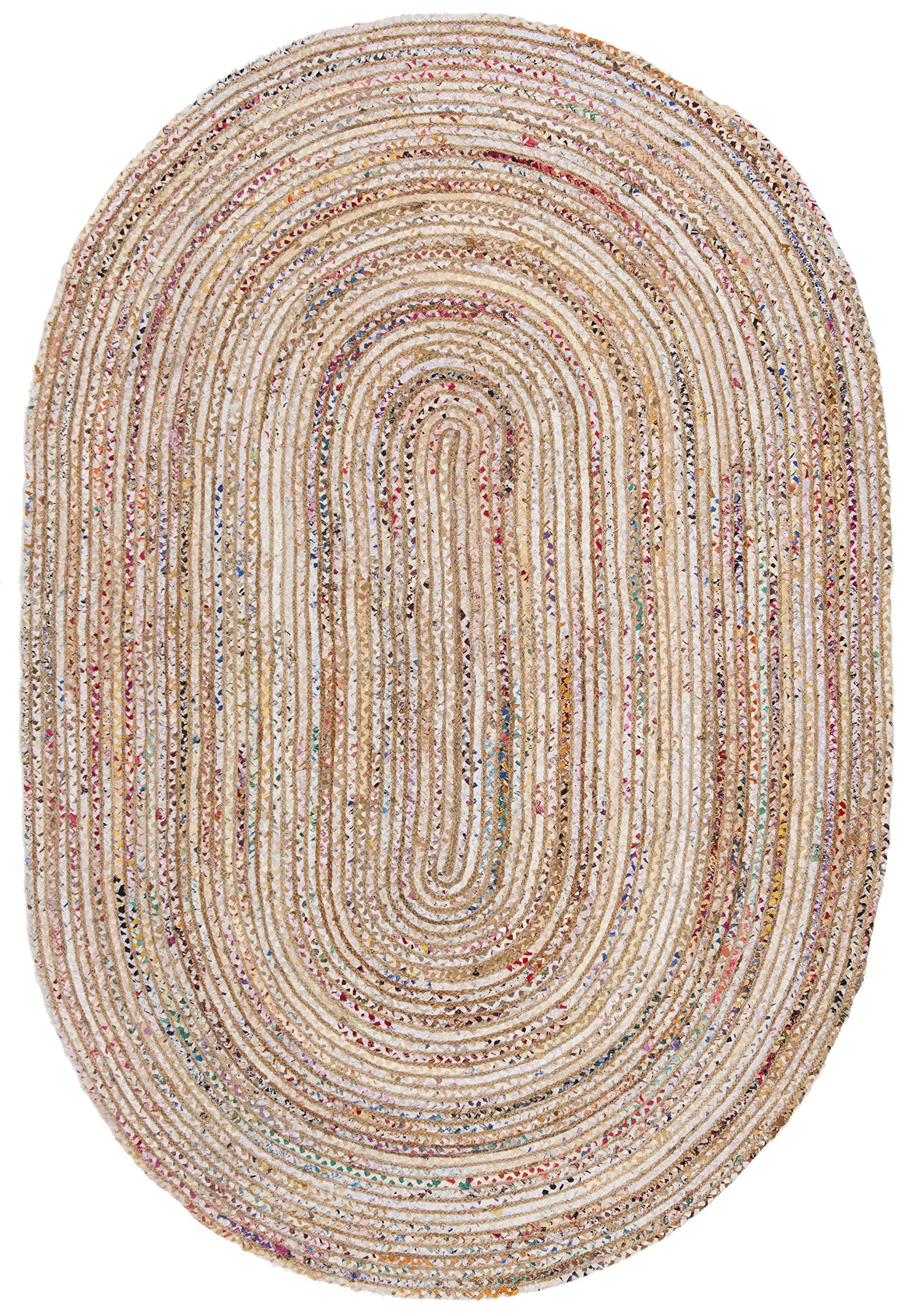 SAFAVIEH Cape Cod Collection Area Rug - 3' x 5' Oval, Beige & Multi, Handmade Boho Braided Jute & Cotton, Ideal for High Traffic Areas in Living Room, Bedroom (CAP202B)