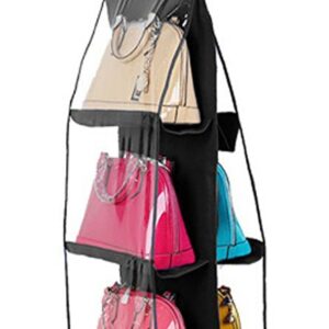 Greenery 6 Pockets Hanging Closet Organizer Clear Easy Accees Anti-dust Cover Handbag Purse Holder Storage Bag Collection Shoes Clothes Space Saver Bag with a Hanging Hook (Black)