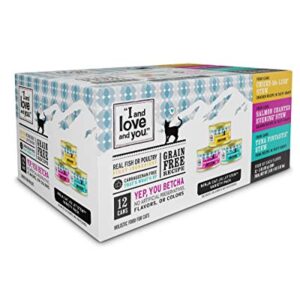 "I and love and you" Naked Essentials Canned Wet Cat Food, Stew Variety Pack (Chicken, Salmon, Tuna), Grain Free, Real Meat, No Fillers, 3 oz (Pack of 12)