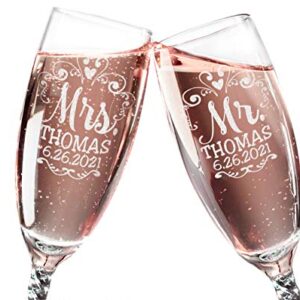 Mr Mrs Wedding Reception Celebration Twisty Stem Champagne Glasses Set of 2 Couples Newlywed Married Groom Bride Husband Wife Anniversary Engraved CLEAR Flute Glass Favors (Personalized)