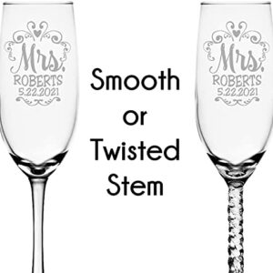 Mr Mrs Wedding Reception Celebration Twisty Stem Champagne Glasses Set of 2 Couples Newlywed Married Groom Bride Husband Wife Anniversary Engraved CLEAR Flute Glass Favors (Personalized)