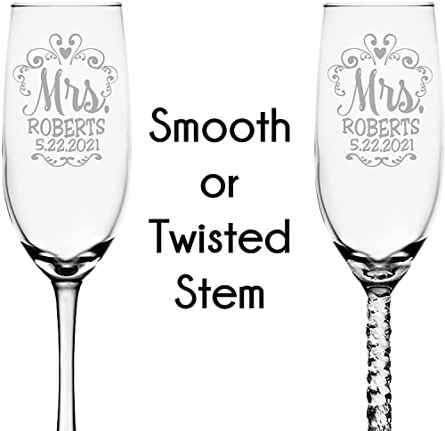 Mr Mrs Wedding Reception Celebration Twisty Stem Champagne Glasses Set of 2 Couples Newlywed Married Groom Bride Husband Wife Anniversary Engraved CLEAR Flute Glass Favors (Personalized)