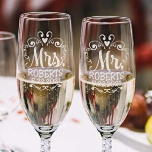 Mr Mrs Wedding Reception Celebration Twisty Stem Champagne Glasses Set of 2 Couples Newlywed Married Groom Bride Husband Wife Anniversary Engraved CLEAR Flute Glass Favors (Personalized)