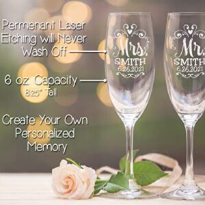 Mr Mrs Wedding Reception Celebration Twisty Stem Champagne Glasses Set of 2 Couples Newlywed Married Groom Bride Husband Wife Anniversary Engraved CLEAR Flute Glass Favors (Personalized)