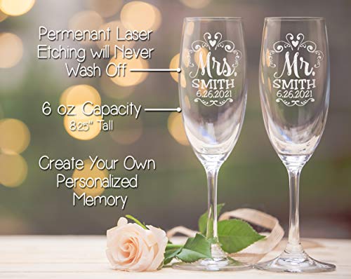 Mr Mrs Wedding Reception Celebration Twisty Stem Champagne Glasses Set of 2 Couples Newlywed Married Groom Bride Husband Wife Anniversary Engraved CLEAR Flute Glass Favors (Personalized)