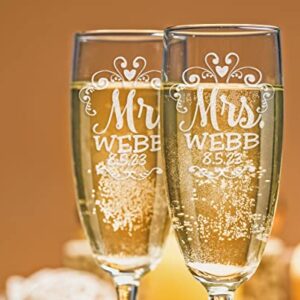 Mr Mrs Wedding Reception Celebration Twisty Stem Champagne Glasses Set of 2 Couples Newlywed Married Groom Bride Husband Wife Anniversary Engraved CLEAR Flute Glass Favors (Personalized)