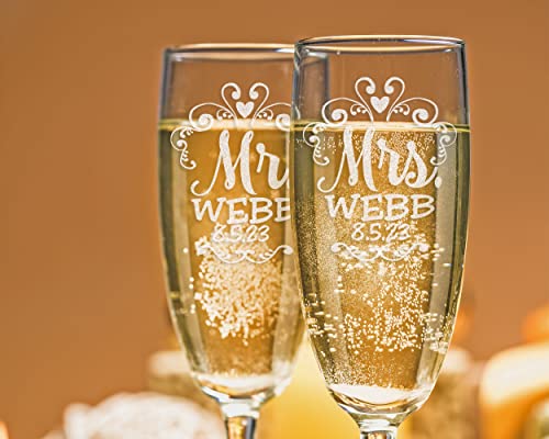 Mr Mrs Wedding Reception Celebration Twisty Stem Champagne Glasses Set of 2 Couples Newlywed Married Groom Bride Husband Wife Anniversary Engraved CLEAR Flute Glass Favors (Personalized)