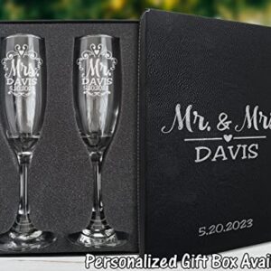 Mr Mrs Wedding Reception Celebration Twisty Stem Champagne Glasses Set of 2 Couples Newlywed Married Groom Bride Husband Wife Anniversary Engraved CLEAR Flute Glass Favors (Personalized)