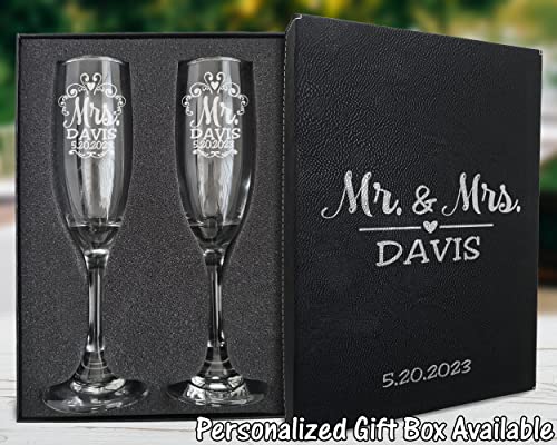 Mr Mrs Wedding Reception Celebration Twisty Stem Champagne Glasses Set of 2 Couples Newlywed Married Groom Bride Husband Wife Anniversary Engraved CLEAR Flute Glass Favors (Personalized)