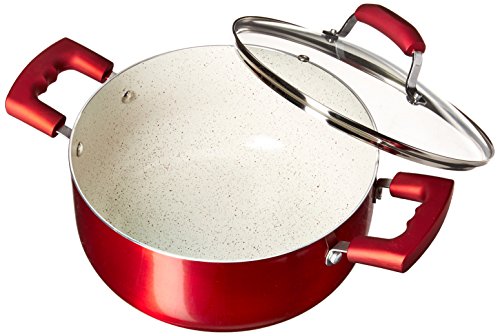 IMUSA USA 4.9Qt Ruby Red Nonstick Dutch Oven with Glass Lid and Soft Touch Handles, 5 Quarts