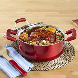 IMUSA USA 4.9Qt Ruby Red Nonstick Dutch Oven with Glass Lid and Soft Touch Handles, 5 Quarts