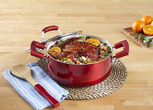 IMUSA USA 4.9Qt Ruby Red Nonstick Dutch Oven with Glass Lid and Soft Touch Handles, 5 Quarts