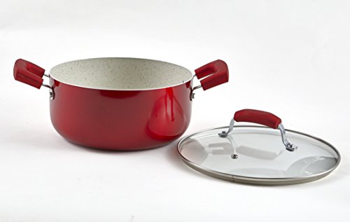 IMUSA USA 4.9Qt Ruby Red Nonstick Dutch Oven with Glass Lid and Soft Touch Handles, 5 Quarts