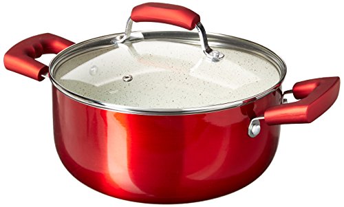 IMUSA USA 4.9Qt Ruby Red Nonstick Dutch Oven with Glass Lid and Soft Touch Handles, 5 Quarts