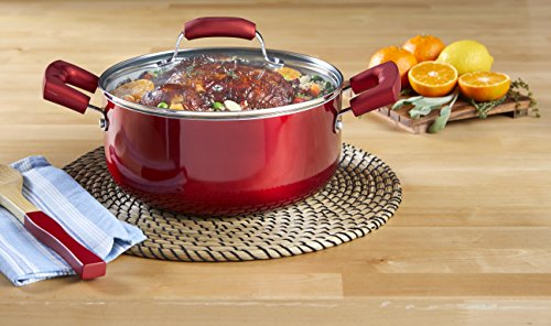 IMUSA USA 4.9Qt Ruby Red Nonstick Dutch Oven with Glass Lid and Soft Touch Handles, 5 Quarts