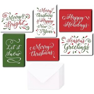 48 pack of christmas winter holiday family greeting cards - assorted christmas greetings red green design - boxed with 48 count white envelopes included - 4.5 x 6.25 inches