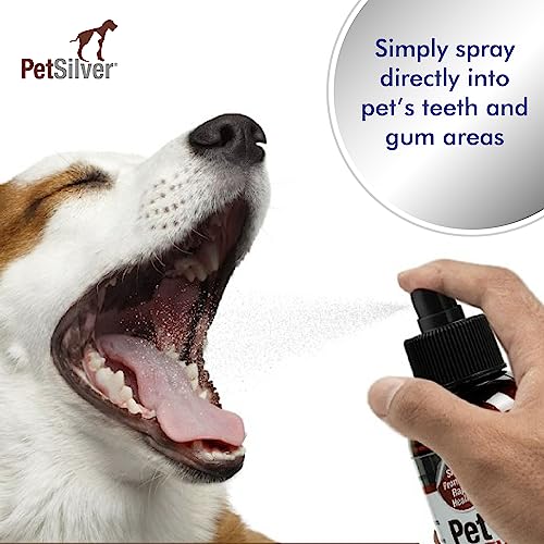 PetSilver Teeth & Gum Spray for Dogs & Cats, Eliminate Bad Breath, Natural Pet Dental Care Solution, Targets Tartar & Plaque, Clean Teeth Without Brushing, Easy to Apply, Chelated Silver, 4 fl oz